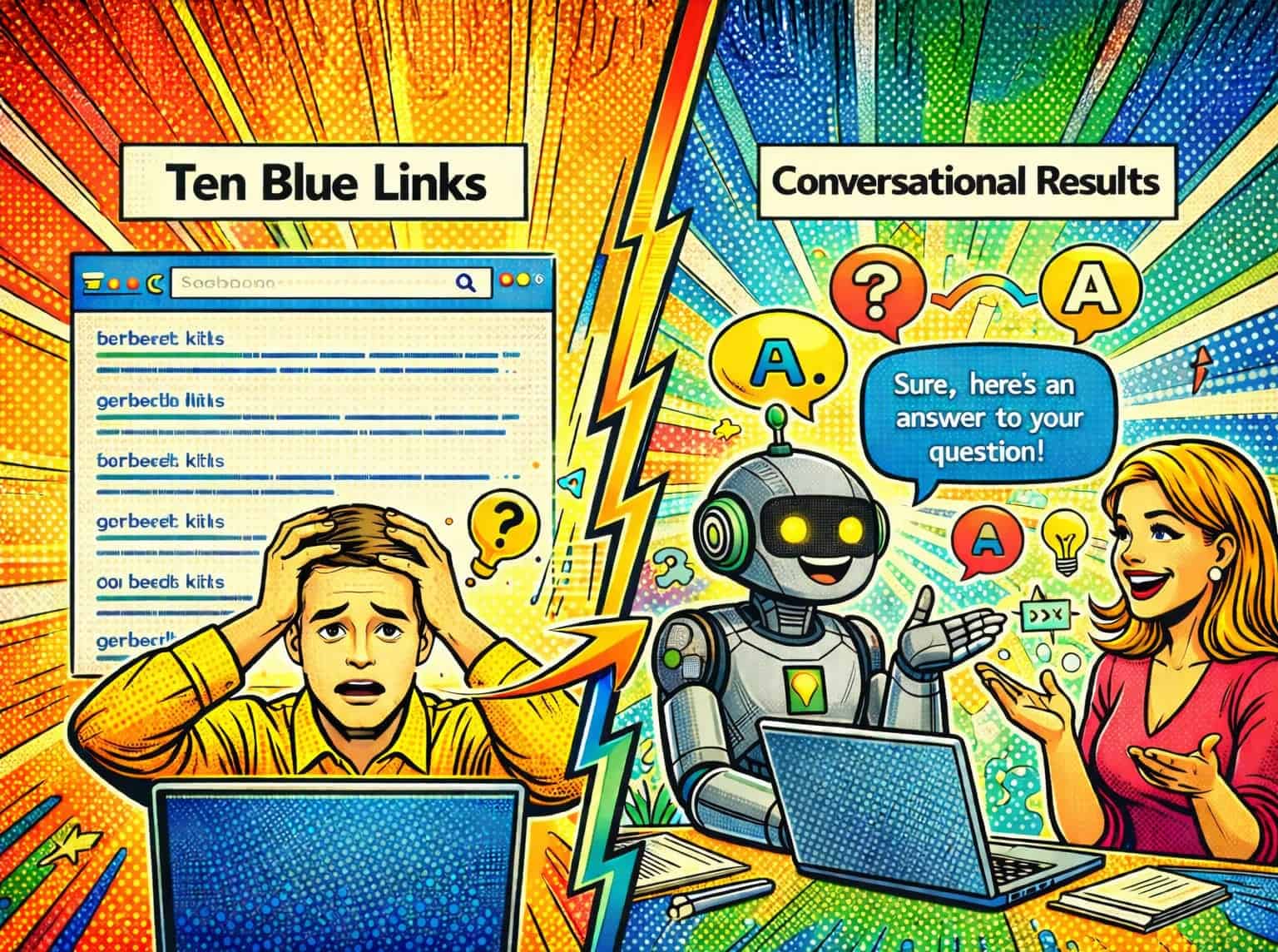 A comic book-style illustration with a split screen. One side shows ten blue links on a search engine results page and the other side shows conversational results where a woman and robot are "speaking"