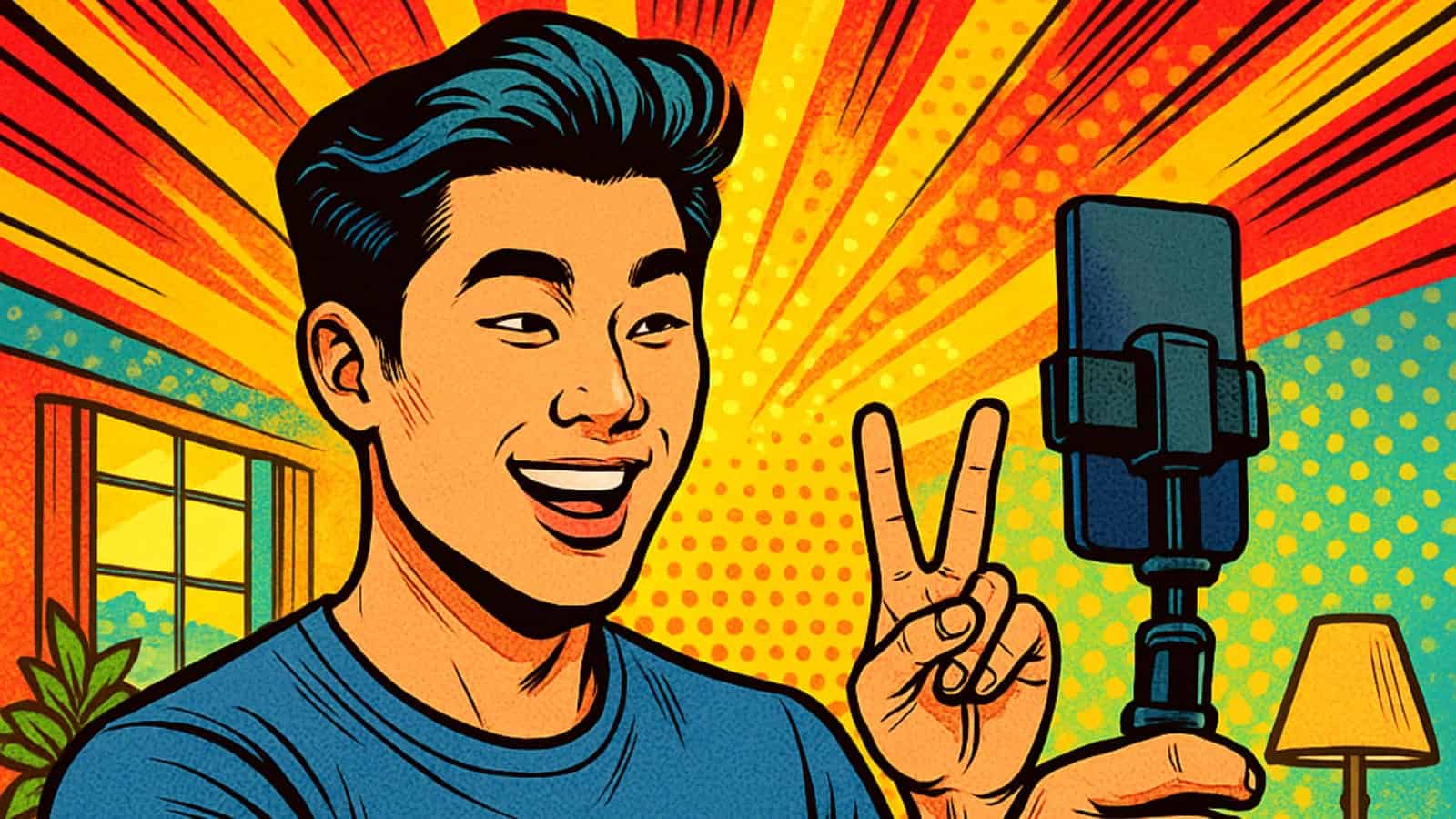 A comic book-style illustration of a man giving a peace sign while holding a phone that is connected to a tri-pod.