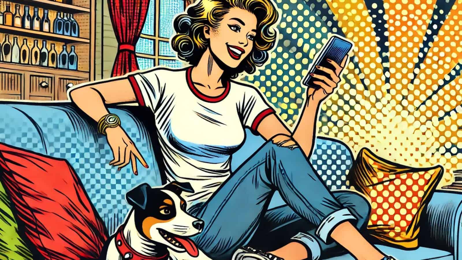 A comic book-style illustration of a woman sitting on her couch using her mobile device with her dog next to her.