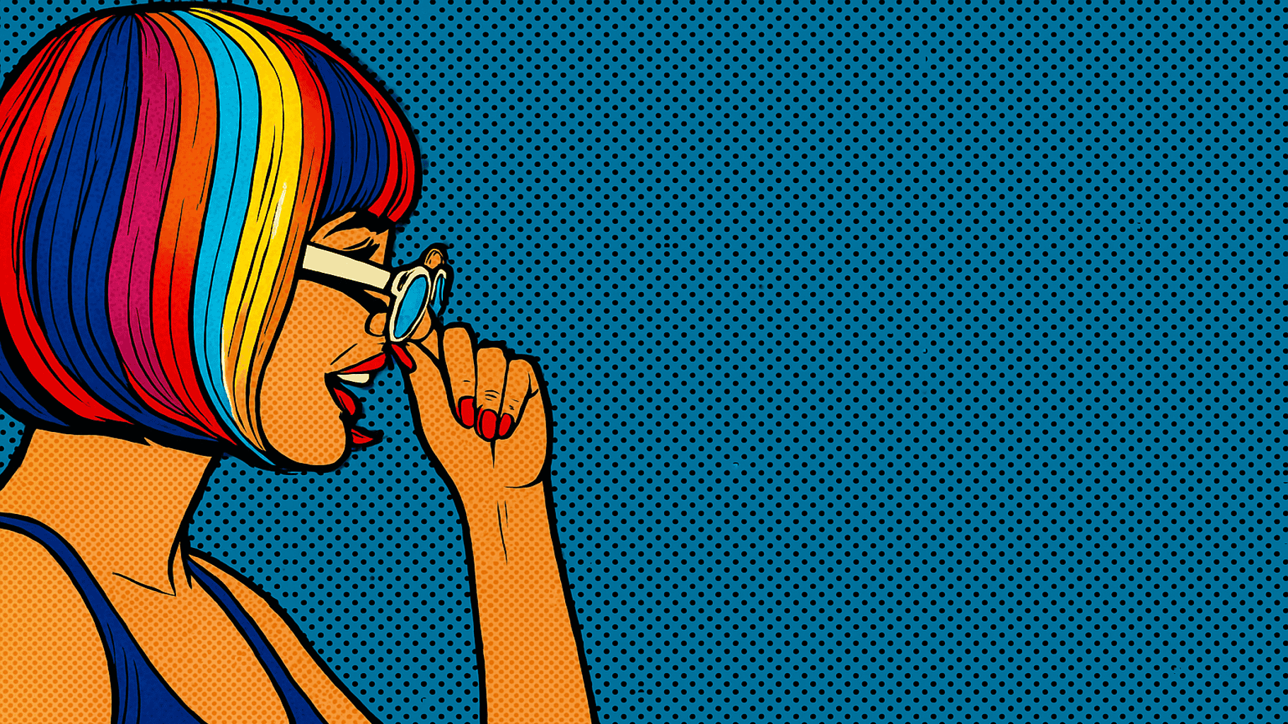 A comic book-style illustration of a woman with multi-color hair who is wearing sunglasses with an amazed expression
