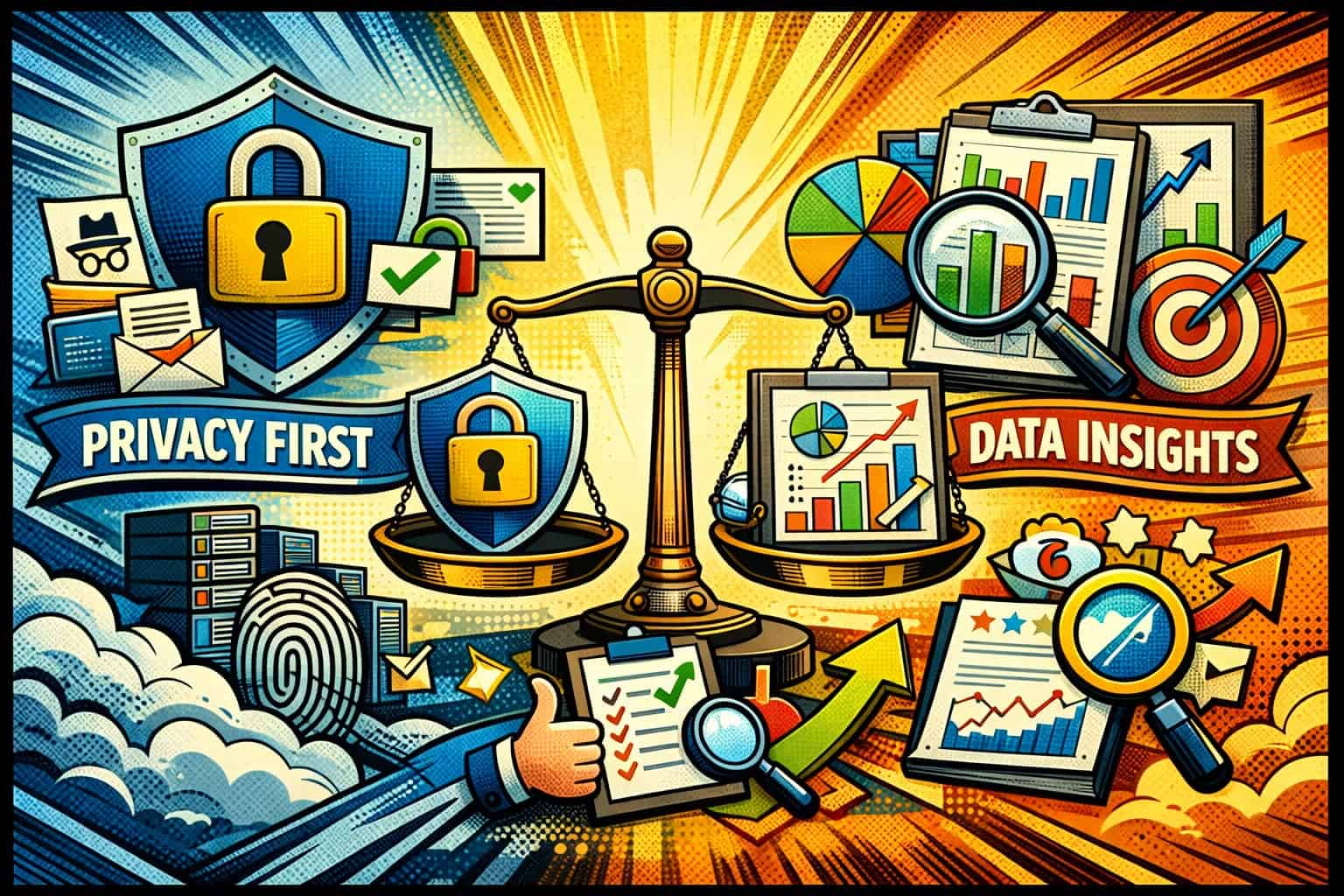 A comic book-style illustration showing a scale with privacy first on the left and data insights on the right