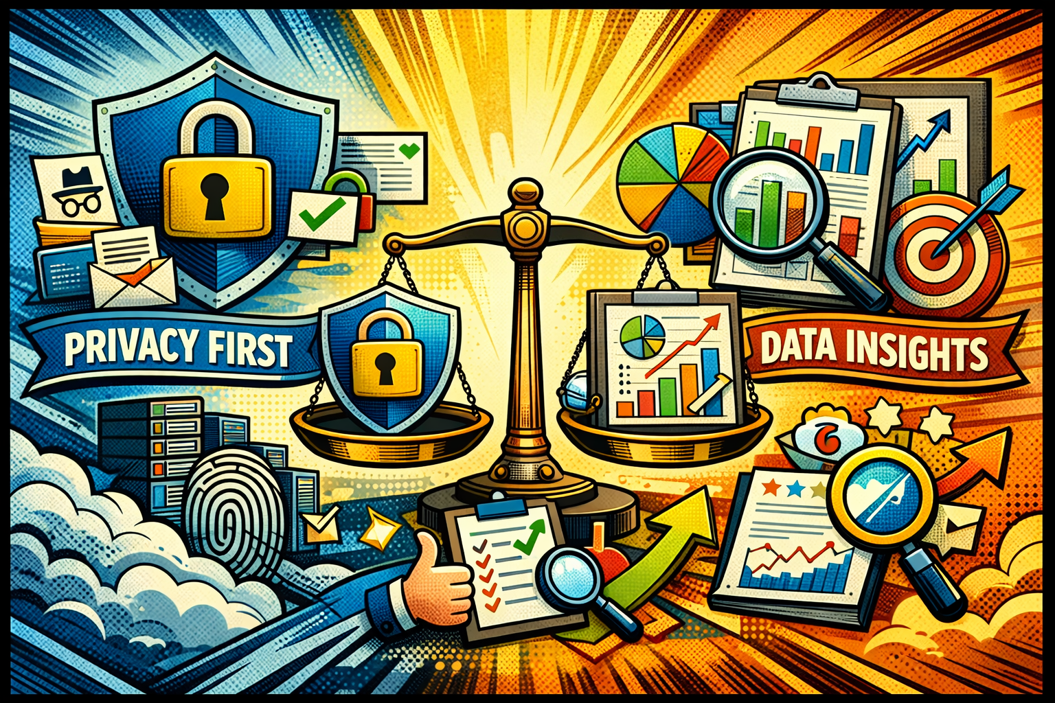 A comic book-style illustration showing a scale with privacy first on the left and data insights on the right