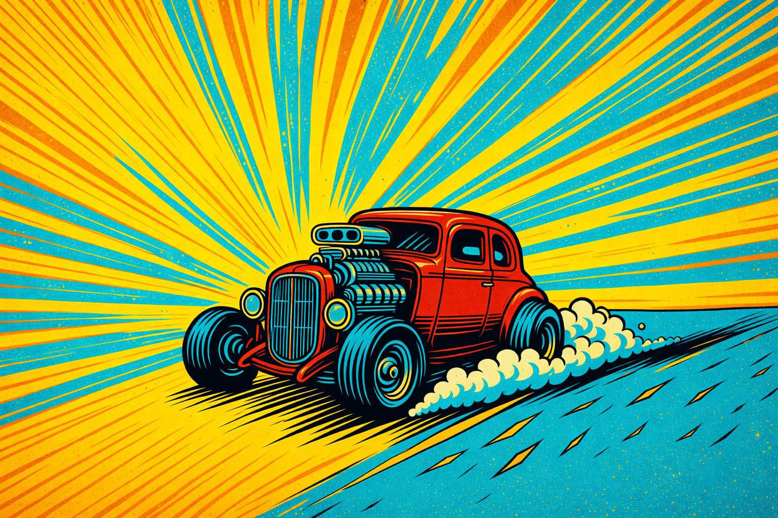 A comic book-style illustration of a speeding car to demonstrate creative velocity