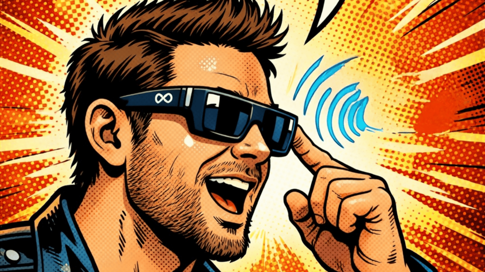 A cartoon-style illustration of a man with Meta glasses on and using its voice search capability.