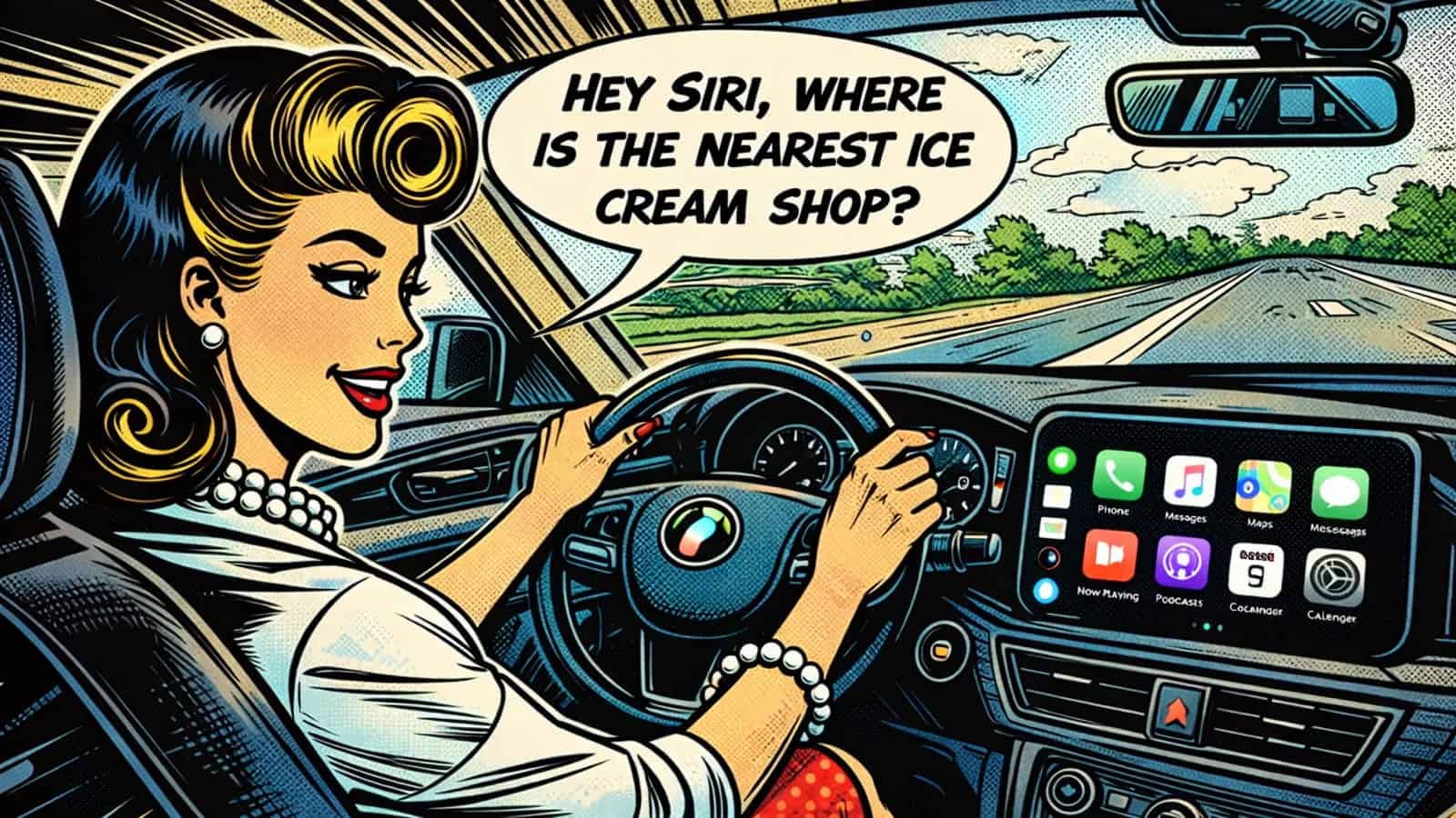 A comic book-style illustration of a woman driving her car and using voice search to look up the nearest ice cream shop