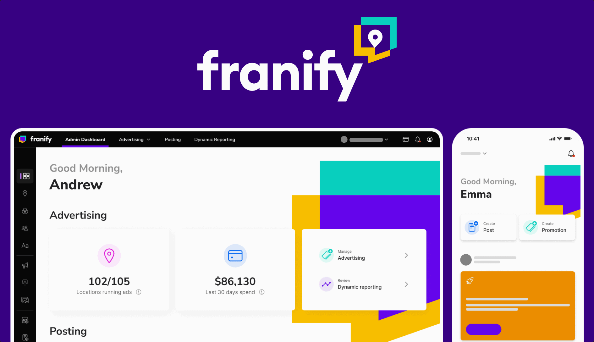 a screenshot of the Franify dashboard against a purple backdrop