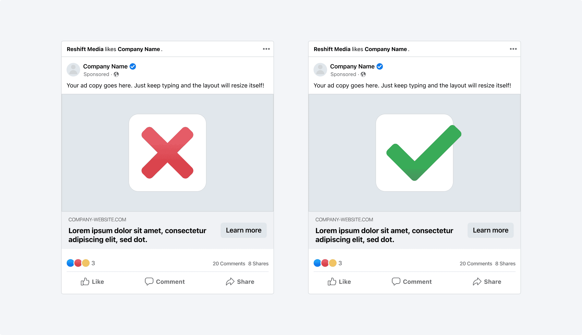 an image of an ad with an x, and an ad with a checkmark